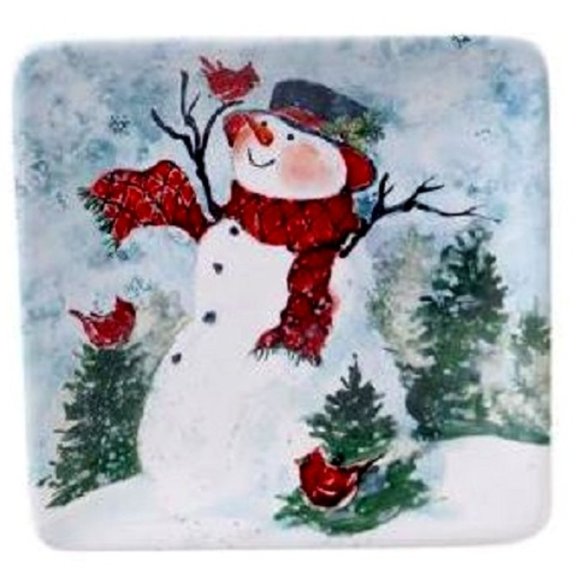 NEW Susan Winget Certified Watercolor Snowman Square Ceramic Plate - Picture 1 of 1